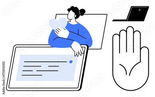 Person holding heart object, large tablet with text, laptop in background, raised hand gesture. Ideal for self-care, online connection, consent, digital learning, communication mental health