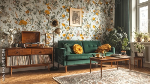 Cozy, vintage-inspired living room with floral wallpaper, a green sofa, record player, warm lighting, and houseplants
