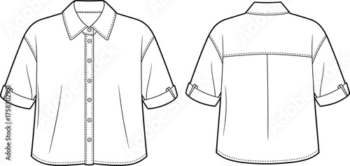Short sleeve button-up shirt template front and back, women’s fashion flat sketch, casual apparel design, clothing mockup outline