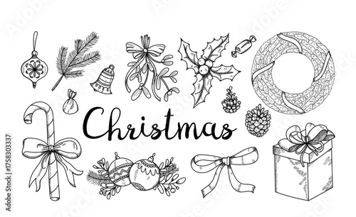 Black-and-white Christmas sketch with set of evergreen branches, candy cane, gift box, wreath
