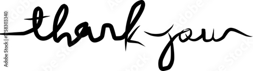 Elegant handwritten phrase “thank you” in black cursive script with flowing lines, expressing gratitude, appreciation, and kindness on a clean white background.
