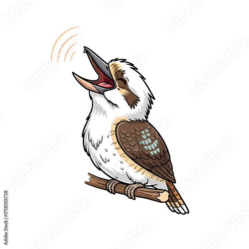 Mirthful kookaburra character laughing heartily in a whimsical vintage storybook illustration style