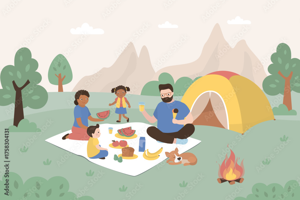 Fototapeta premium Happy multiethnic family having picnic in park or forest. Dad, mom, son, daughter resting together in nature. Parents and kids spending time together, camp with tent and fire.
