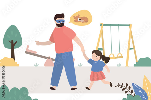 Danger and risk outside, little girl going with stranger. Kidnapper or pedophile, dangerous man in mask. Anonymous invites a child to play with a puppy.