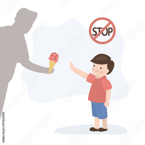 Stop danger and risk outside, little boy not talking with stranger. Kidnapper or pedophile, dangerous shadow of man. Anonymous offers child ice cream,