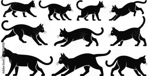 Silhouettes of cats in various walking and hunting poses, elegant feline movements, domestic animal behavior illustration set