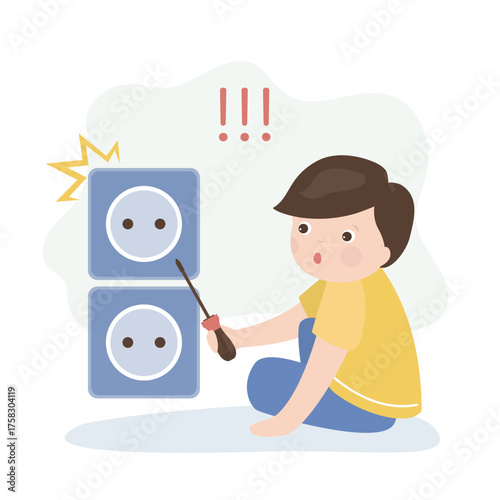 Curious little boy inserting screwdriver into socket. Dangerous accident at home. Cute child with tools