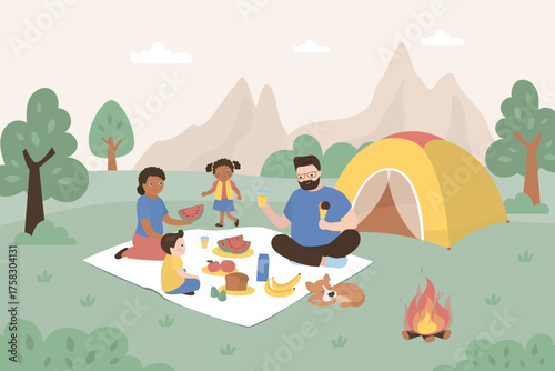 Happy multiethnic family having picnic in park or forest. Dad, mom, son, daughter resting together in nature. Parents and kids spending time together, camp with tent and fire.