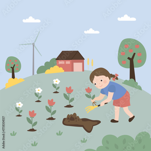 Happy little caucasian girl cultivate plants or flowers on garden beds. Little kid volunteering by planting trees or blooms. Cute girl working in farm garden