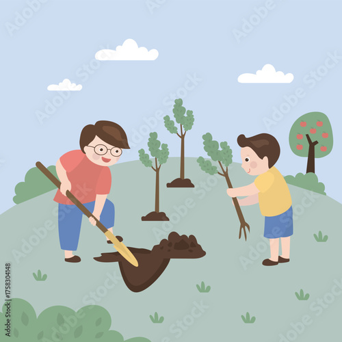 Little kids volunteering by planting tree together. Children working in farm garden, kid planting sapling. Boys holding shovel to dig young tree in soil, save ecosystem