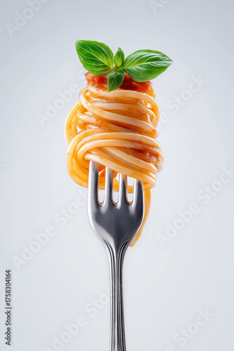  a delicious al dente spaghetti twirled on the tips of a shiny metal fork positioned vertically,