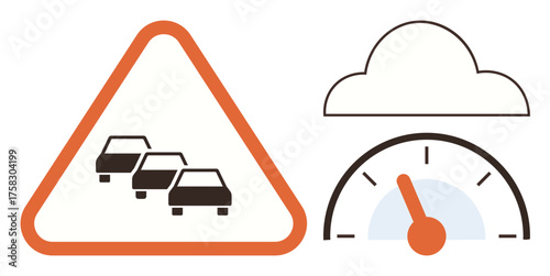 Triangular sign with cars indicating traffic congestion, next to a cloud above a speedometer measuring performance. Ideal for traffic, transportation, technology, connectivity, mobility, efficiency