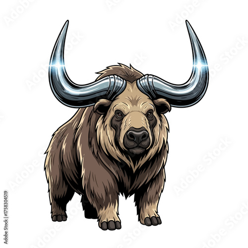 Resilient takin character standing proud and strong in a sleek retro-futuristic illustration style