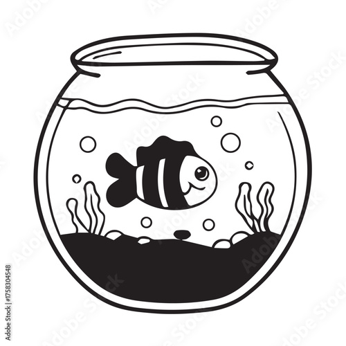 A charming black and white illustration of a fishbowl with a cute fish swimming inside, complete with seaweed, bubbles, and a sandy bottom, isolated on white background a delightful and simple design