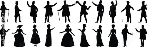 Victorian era silhouettes, elegant gentlemen and ladies, historical fashion figures, vintage posture illustration, classic aristocratic style characters