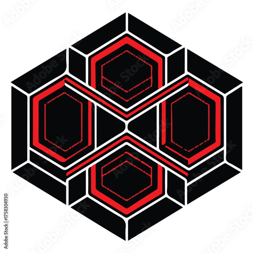 Abstract geometric design featuring a black hexagon with red and white accents, creating a modern and eyecatching pattern isolated on white background the design is symmetrical and visually appealing