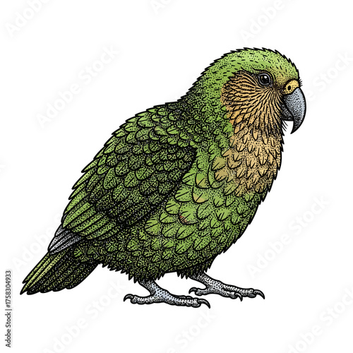 Wise kakapo parrot character illustrated in detailed stipple art with velvety pointillist plumage