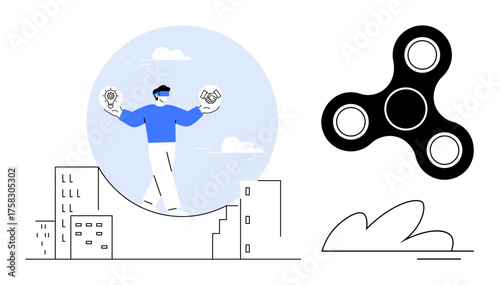 Man walking on curved structure holding lightbulb and handshake representing ideas and collaboration. Fidget spinner and abstract elements. Ideal for balance, creativity, partnership, innovation