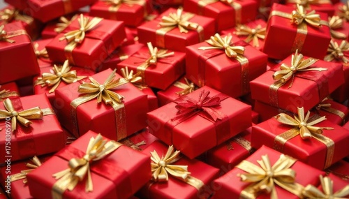 Overhead shot of a beautifully arranged pile of Christmas gifts with festive ribbon, under a decorated tree. An overhead, top down shot of a neatly arranged pile of vibrantly wrapped Christmas gifts