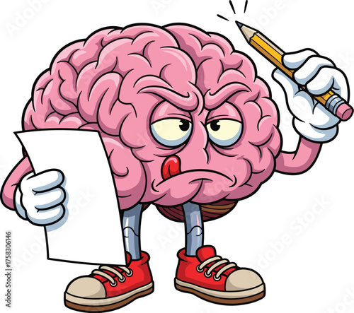 Cartoon Brain Character Thinking Hard Holding Pencil and Paper for Creative Writing Idea Generation Process in Education or Healthcare Isolated on White Background with Red Shoes and Funny Face Expres