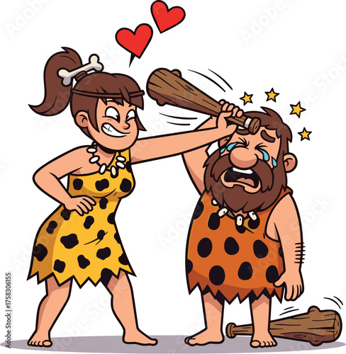 Cartoon Cavewoman Hitting Caveman with Club in Stone Age: Humorous Illustration of Prehistoric Domestic Life, Relationship Troubles, and Love, Perfect for Educational Materials, Humor Blogs, or Comica