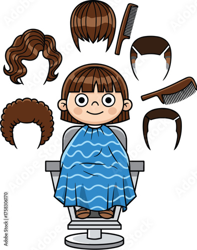 Cute Child at Barber Ready for New Hairstyle: Cartoon Illustration of Little Girl in Hair Salon Chair with Bib Surrounded by Wig Styles & Combs for Design Presentation, Beauty, Style, Fashion, Creativ