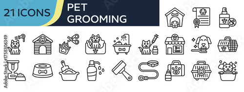 Collection of Pet Grooming icons, related to Kennel, Pet certificate, Animal vaccination, Pet salon, Pet cage and more. Outline icons vector illustation.
