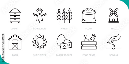 Agriculture & farming line icon set. Apiary, scarecrow, wheat, flour, mill, barn, sunflower, farm product, food crate, sowing sign. Vector illustration. Editable stroke. Flat design.
