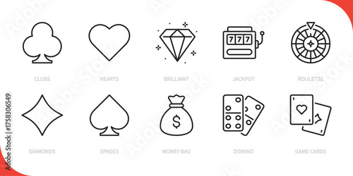 Casino & gambling line icon set. Clubs, hearts, brilliant, jackpot, roulette, diamonds, spades, money bag, domino, game cards sign. Vector illustration. Editable stroke. Flat design.