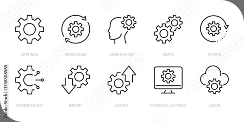 Settings line icon set. Settings, processing, development, gears, update, modifications, import, export, interface settings, cloud sign. Vector illustration. Editable stroke. Flat design.