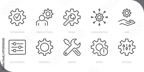 Settings line icon set. Optimization, user settings, repair, configuration, gear, adjustments, cogwheel, service, error, options sign. Vector illustration. Editable stroke. Flat design.