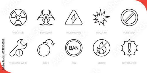 Warning line icon set. Radiation, biohazard, high voltage, explosion, forbidden, technical work, bomb, ban, no fire, notification sign. Vector illustration. Editable stroke. Flat design.