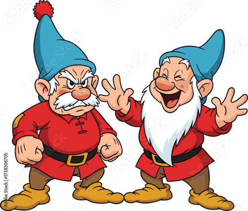 Cartoon Dwarfs Characters Arguing, Laughing and Joking in a Lighthearted Fairy Tale Scene Depicting Fable, Animated Fantasy Illustration for Children's Storybooks, Games, Entertainment, Graphic Design