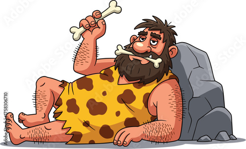 Cartoon Caveman Relaxing with Bone in Mouth Leaning Against Rock - Prehistoric Character Illustration for Educational Content, Animation, or Humor, Featuring a Funny, Stone Age Theme, Primitive, Histo