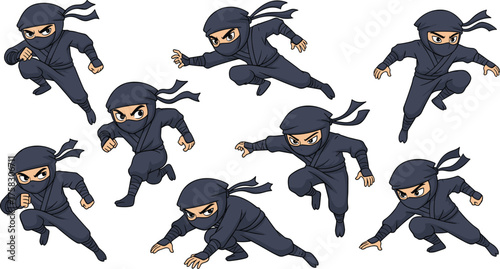Cartoon Ninjas in Action Poses Set Against White Backdrop, Martial Arts Figures Practicing Stealth and Agility, Ideal for Graphic Design, Animation, Children's Illustrations, Video Games, and Fantasy
