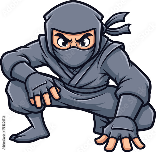Agile Cartoon Ninja Character in Crouching Stance Ready for Action on Isolated Background, Martial Arts Expert, Covert Assassin, Symbol of Stealth, Spying, Mystery, Mascot for Gaming, Animation, Comic