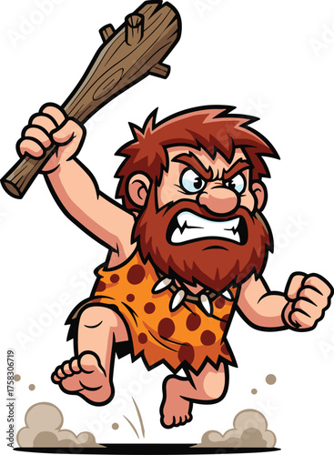 Furious Caveman Charging Aggressively with Club Ready to Attack in Prehistoric Times, Cartoon Illustration for Education, History, Animation, Fantasy Game, Mascot, Angry, Primitive Era, Wild, Aggressi