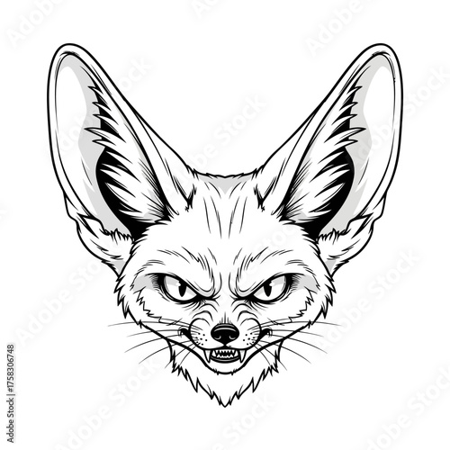 Angry fennec fox character snarling fiercely in a clean monochrome line art vector illustration