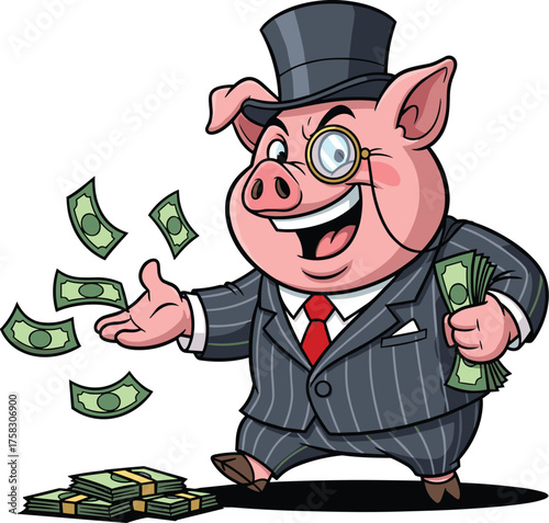 Cartoon Pig Millionaire Tossing Money with Top Hat and Monocle in Pinstripe Suit, Celebrating Financial Success, Fortune and Wealth, Representing Business Prosperity and Investment Strategy, For Marke