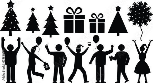 Festive silhouette vector bundle celebratory people christmas trees gifts balloons scalable eps