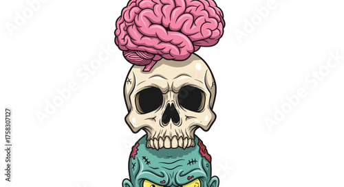 Cartoon Zombie Illustration with Skull and Pink Brain - Halloween Horror Graphics, Animated Monster Character Design, Creepy Undead Mascot for Spooky Theme, Digital Art for Horror Movie, Scary Comic B