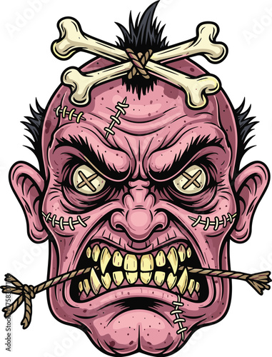 Fearsome Cartoon Voodoo Zombie Head with Crossbones Headdress and Stitched Skin, Biting Rope in Gritted Teeth, Spooky Monster for Halloween Horror Designs, Creepy Mascot for Scary Story Illustrations,