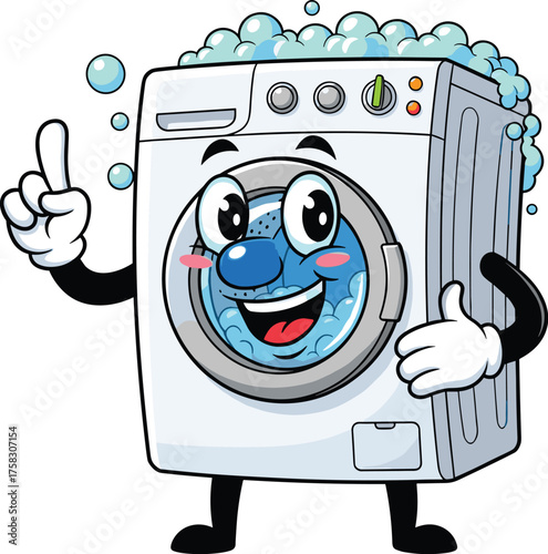 Cheerful Washing Machine Cartoon Character Giving Advice in a Laundry Setting, Smiling with Bubbles, Promoting Cleanliness and Appliance Services, Perfect for Advertising,  Digital Marketing, Educatio