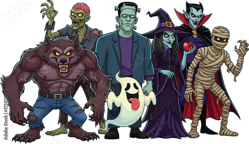 Cartoon Halloween Monsters Group Posing for Spooky Season Party Celebration, Featuring Werewolf, Zombie, Frankenstein, Ghost, Witch, Vampire, and Mummy Characters in Fun Vector Illustration Style for