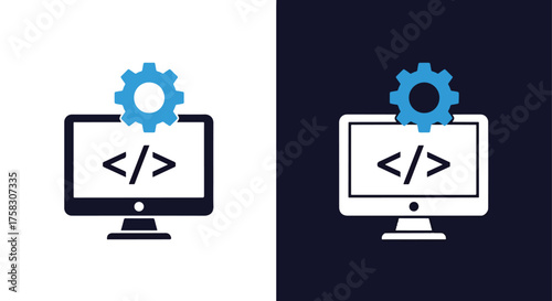 Computer screen with coding symbol and gear icon represents software development and engineering -  editable modern style icon.