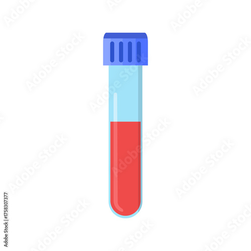 Illustration of a blood vacuum tube with a blue lid for advertising pamphlets, flyers on healthcare topics, stopping HIV, AIDS, and other blood diseases. Laboratory equipment icon.