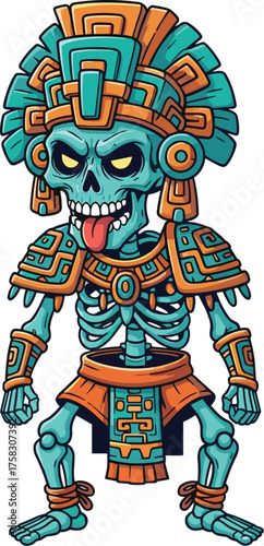 Aztec Skeleton Warrior Illustration Displaying Ritual Costume and Headdress Against White Backdrop, Perfect for Cultural Projects, Halloween, Ancient History Educational Materials, Digital Art, Mayan