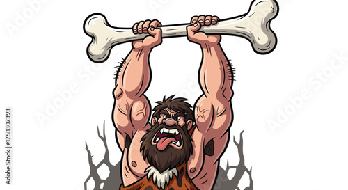 Fierce Cartoon Caveman Lifting Heavy Bone Overhead – Prehistoric Human Strength Display, Stone Age Warrior Challenge, Archeology Concept, Paleo Lifestyle Illustration, Ancient Power, Anthropological S