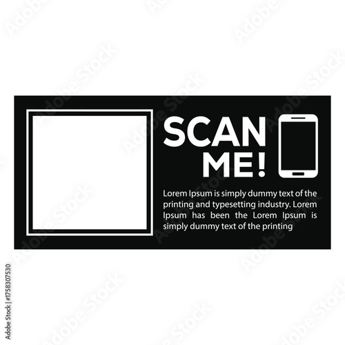 Black and white "SCAN ME" vector button/sticker. Rounded rectangle with an empty square placeholder for a QR code on the left and "SCAN ME" text on the right. Minimalist CTA graphic.
