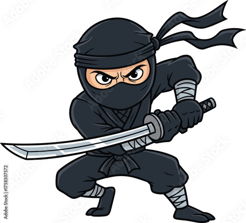 Cartoon Ninja Warrior Ready for Battle with Katana Sword in Dynamic Action Pose on White Background, A Martial Arts Expert with Serious Expression for Gaming Character Design and Animation, Modern Ill